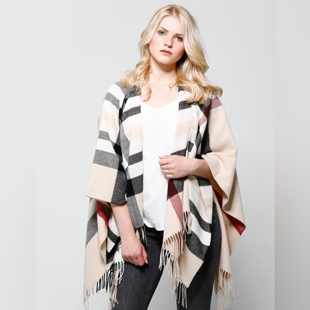 FRAAS Women's Fraas Plaid Cape Sweater with Fringe-Trim